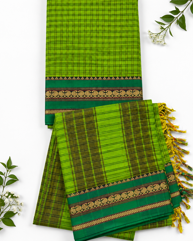Traditional Wear Narayanpet Mercerised Cotton Dress Material with Parrot Green Colour | Green Woven Border
