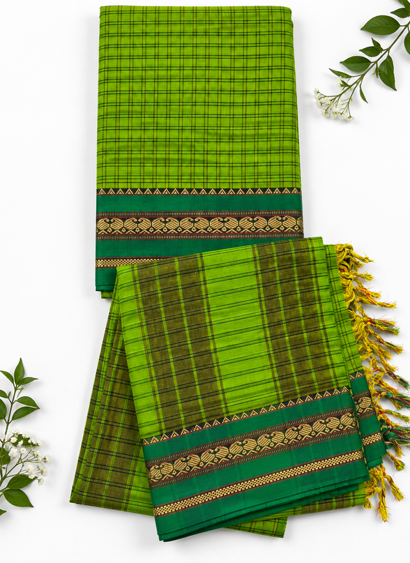 Traditional Wear Narayanpet Mercerised Cotton Dress Material with Parrot Green Colour | Green Woven Border