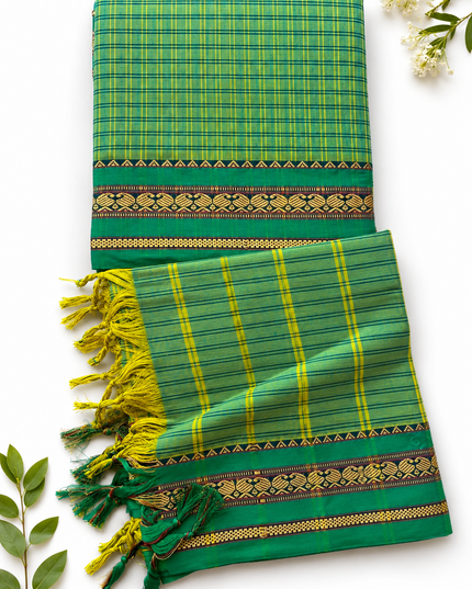 Traditional Wear Narayanpet Mercerised Cotton Dress Material with Teal Green Colour | Woven Border