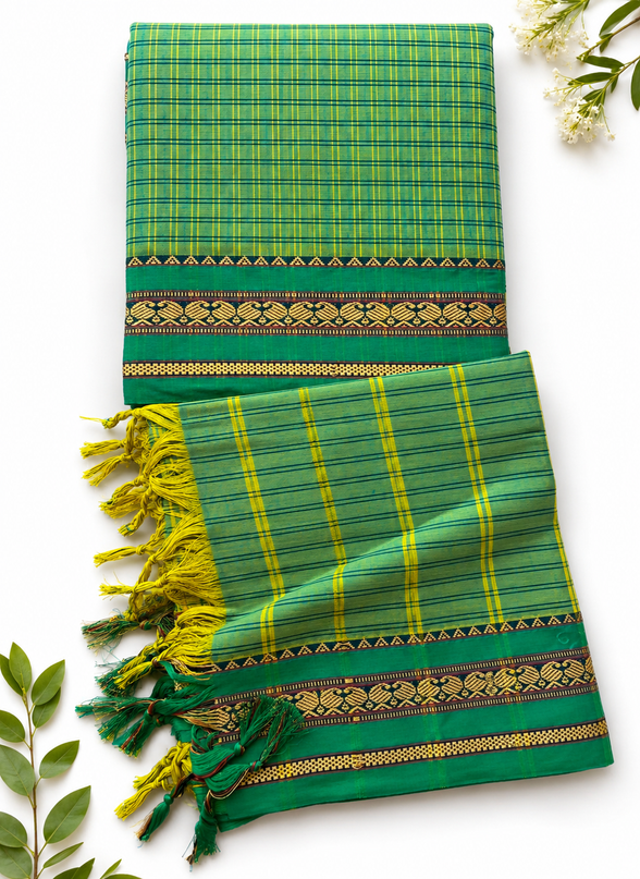 Traditional Wear Narayanpet Mercerised Cotton Dress Material with Teal Green Colour | Woven Border