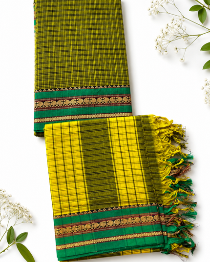 Traditional Wear Narayanpet Mercerised Cotton Dress Material with Olive Green and Yellow Colour | Teal Green Woven Border