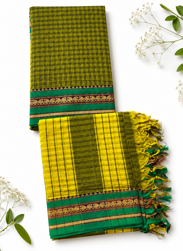 Traditional Wear Narayanpet Mercerised Cotton Dress Material with Olive Green and Yellow Colour | Teal Green Woven Border