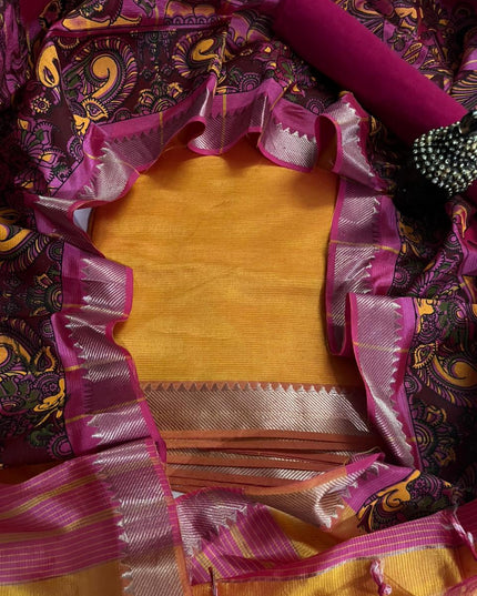 Mangalagiri Semi Pattu Dress Material with Zari Border – Yellow Colour
