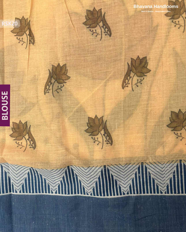 Khadi Digital Print Soft Cotton Saree in Pastel Yellow with blouse | Bhavana Handlooms