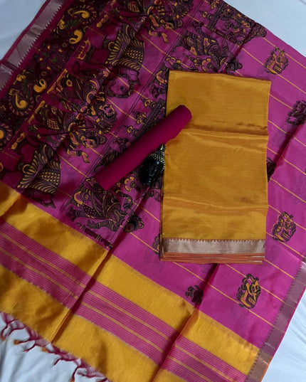 Mangalagiri Semi Pattu Dress Material with Zari Border – Yellow Colour