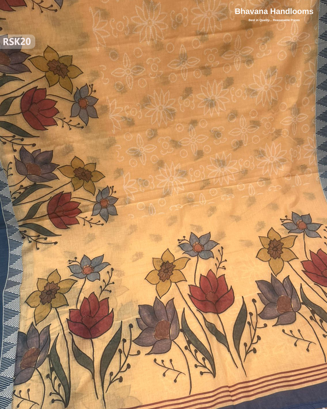 Khadi Digital Print Soft Cotton Saree in Pastel Yellow with blouse | Bhavana Handlooms