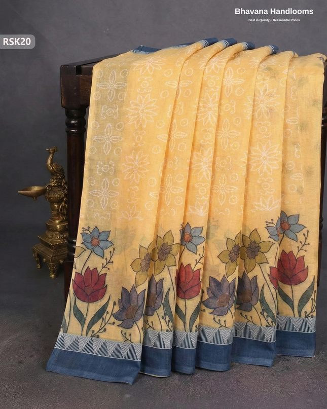 Khadi Digital Print Soft Cotton Saree in Pastel Yellow with blouse | Bhavana Handlooms