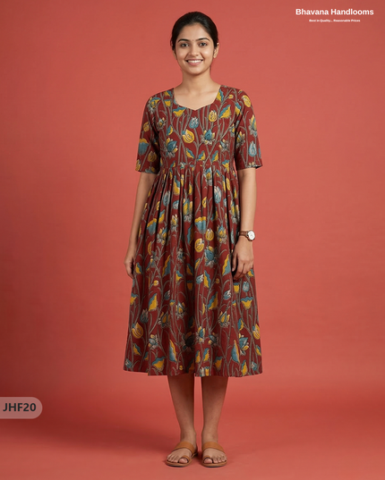Kalamkari Design Frock – Red Colour | Handloom Ethnic Wear with Half Lining