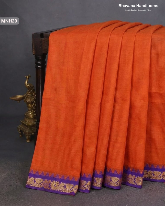Mini Gadwal Cotton Saree in Orange with Small Zari Border | Without Blouse