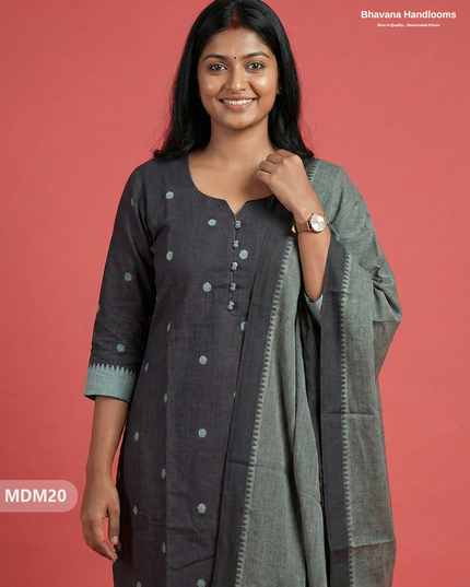 Mangalagiri Cotton 3PC Set with Full-Length Lining & Elastic Pocket Bottom – Indian Dark Gray