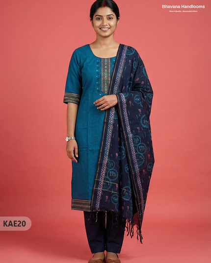 Readymade Mangalagiri Cotton Kurti Set in Dark Blue with  Mirror Finishing Design