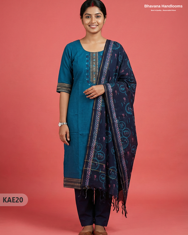 Readymade Mangalagiri Cotton Kurti Set in Dark Blue with  Mirror Finishing Design