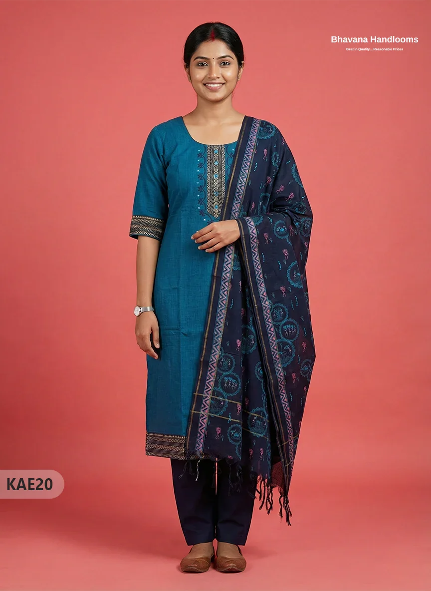 Readymade Mangalagiri Cotton Kurti Set in Dark Blue with  Mirror Finishing Design