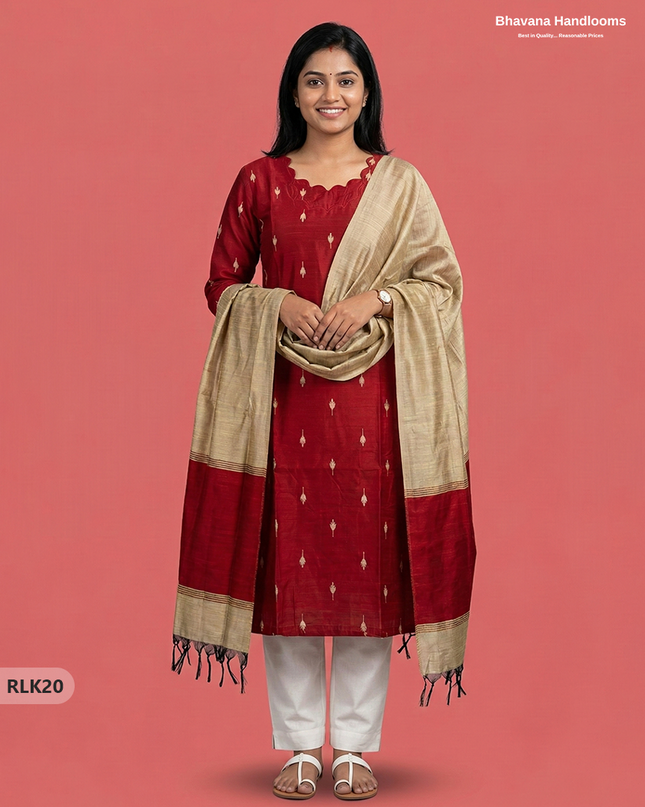 Raw Silk 2PC Set in Red Colour | Top & Bottom Only Ethnic Wear