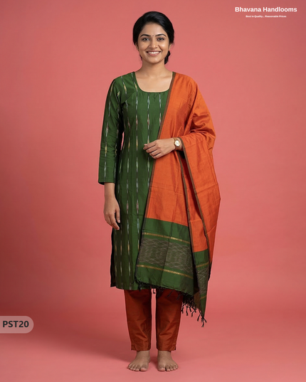 Pochampally Semi Pattu 3PC Kurti Set in Dark Green Colour | Ready-to-Wear Ethnic Wear