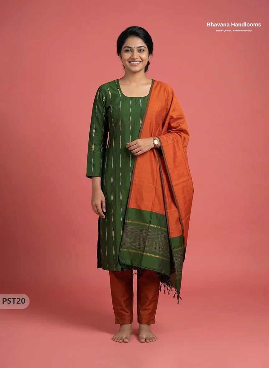 Pochampally Semi Pattu 3PC Kurti Set in Dark Green Colour | Ready-to-Wear Ethnic Wear