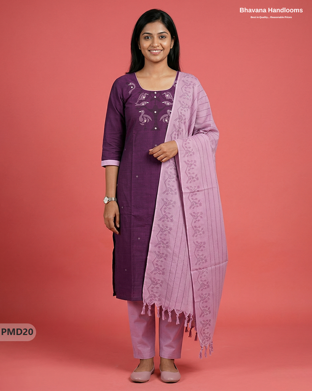 Premium Deep Purple Kurti Set with Birds Print & Mirror Finishing | Ready-to-Wear