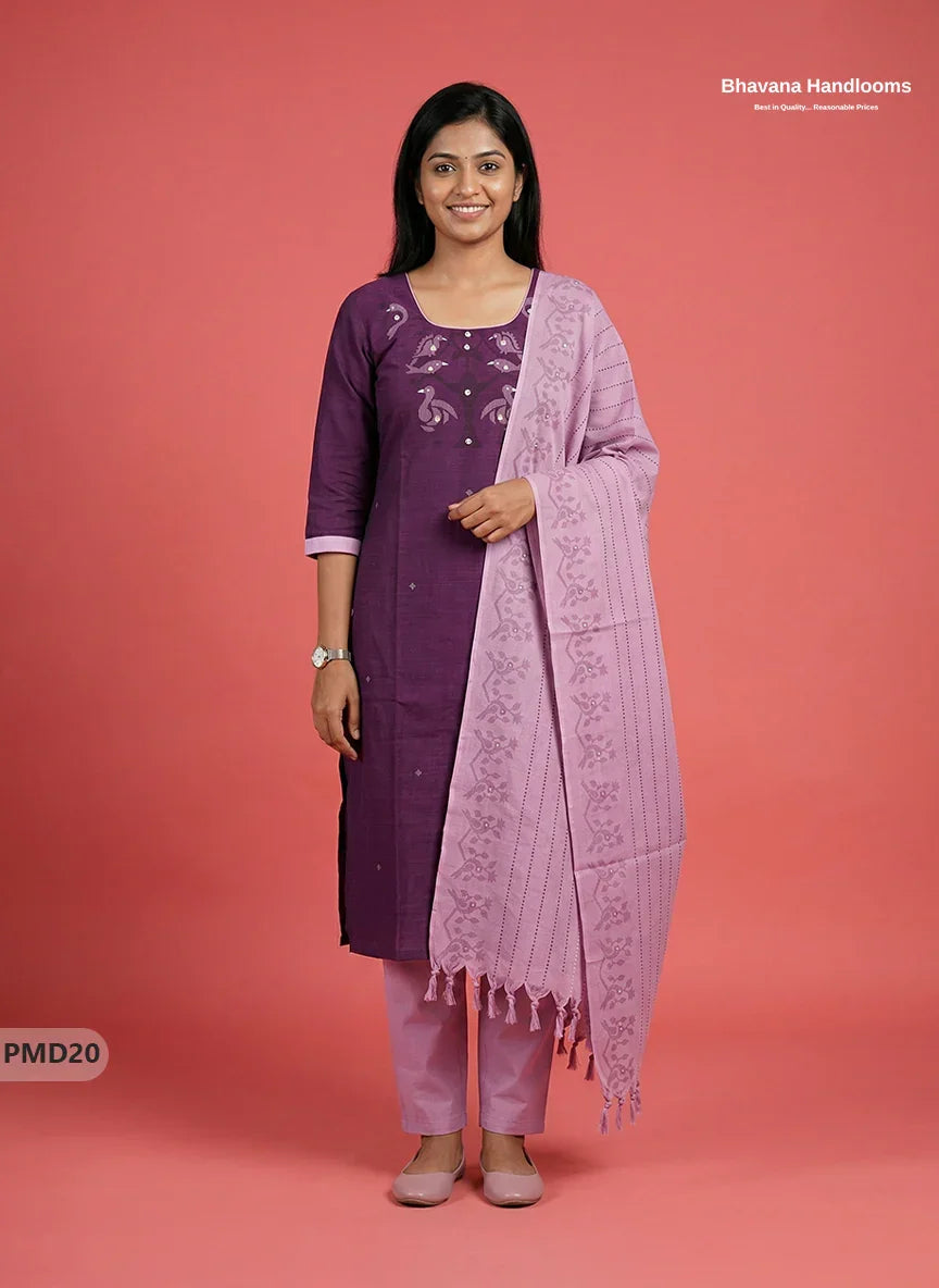 Premium Deep Purple Kurti Set with Birds Print & Mirror Finishing | Ready-to-Wear