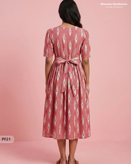 Handcrafted Pochampally Pink Cotton Frock with Knot Detailing – Ethnic Wear for Women