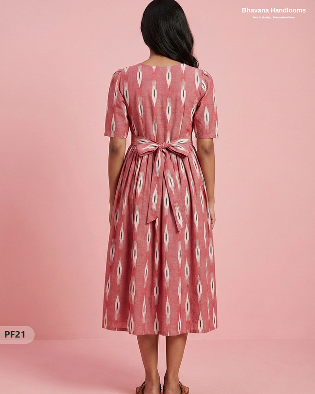 Handcrafted Pochampally Pink Cotton Frock with Knot Detailing – Ethnic Wear for Women
