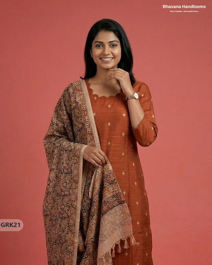 Raw Silk 3PC Kurti Set with Kalamkari Dupatta & Elastic Bottom in Orange Colour | Ethnic Wear