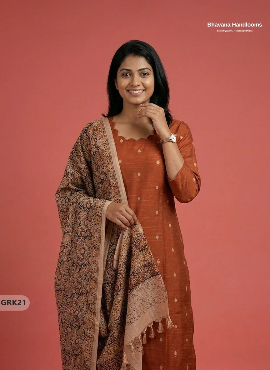Raw Silk 3PC Kurti Set with Kalamkari Dupatta & Elastic Bottom in Orange Colour | Ethnic Wear