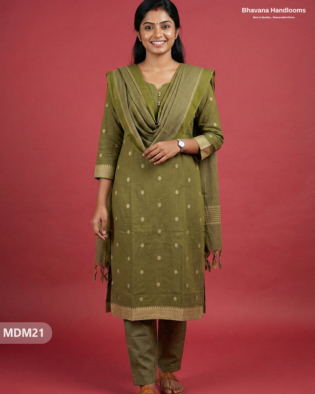 Mangalagiri Cotton 3PC Set with Full-Length Lining & Elastic Pocket Bottom – Indian Mehndi Green