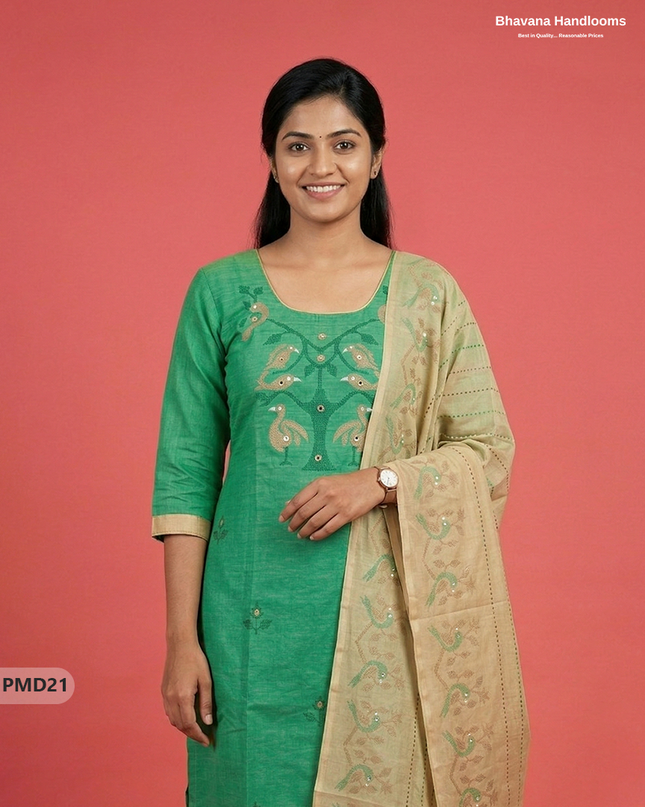 Premium Cyan Green Kurti Set with Birds Print & Mirror Finishing | Ready-to-Wear