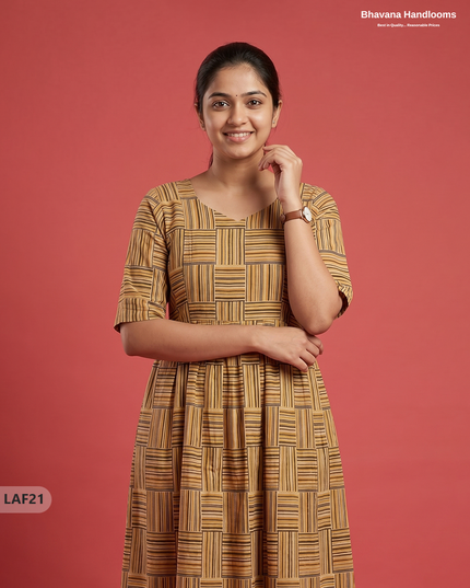 Feeding Frock with Kalamkari Design – Light Brown Color | Invisible Zips | Half Lining Maternity Wear