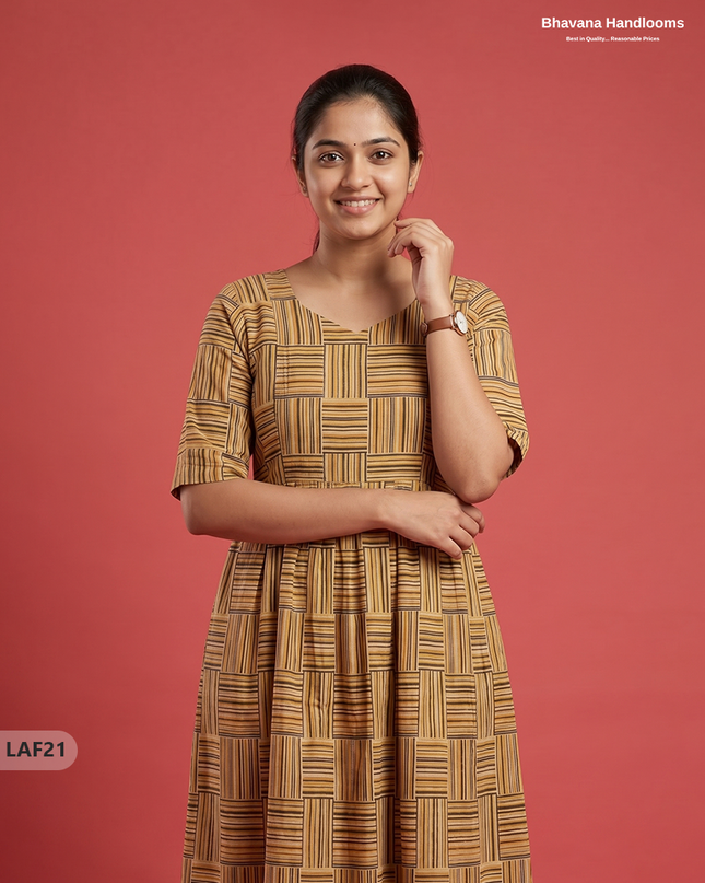 Feeding Frock with Kalamkari Design – Light Brown Color | Invisible Zips | Half Lining Maternity Wear