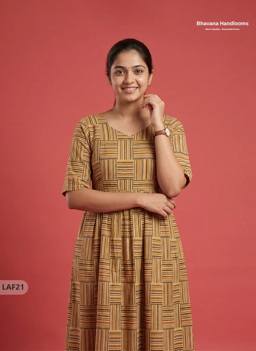 Feeding Frock with Kalamkari Design – Light Brown Color | Invisible Zips | Half Lining Maternity Wear