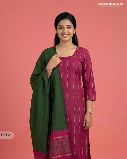 Pochampally Semi Pattu 3PC Kurti Set in Pink Colour | Ready-to-Wear Ethnic Wear