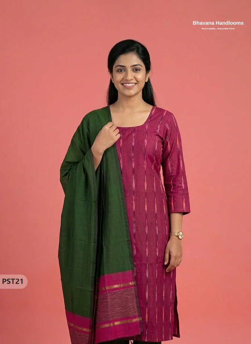 Pochampally Semi Pattu 3PC Kurti Set in Pink Colour | Ready-to-Wear Ethnic Wear