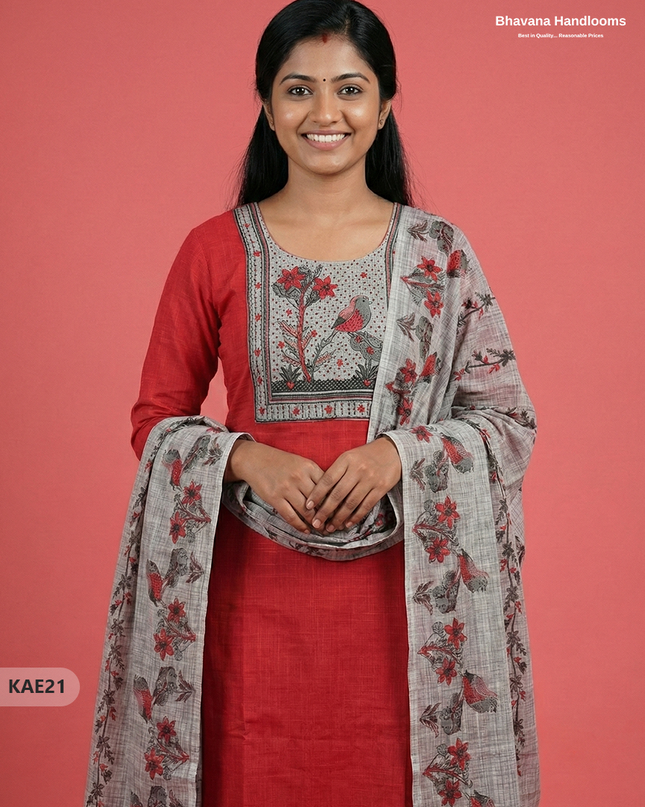 Readymade Cotton Kurti Set in Red with Mirror Finishing Design