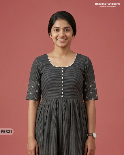Summer Special Premium Cotton Handloom Frock with Woven Design | Dark Gray Colour
