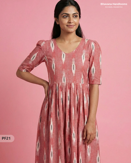 Handcrafted Pochampally Pink Cotton Frock with Knot Detailing – Ethnic Wear for Women