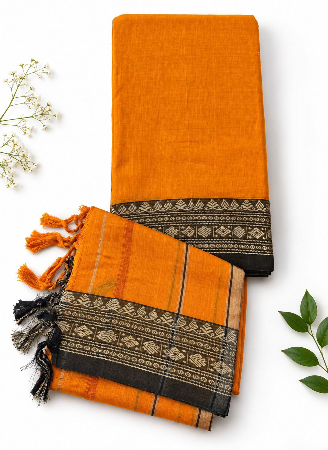 Traditional Narayanpet Mercerised Cotton Dress Material in Bright Orange | Black Woven Border