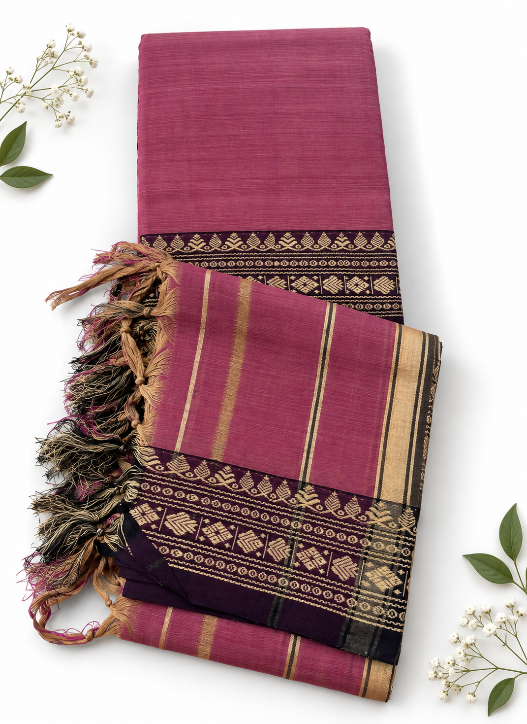 Traditional Narayanpet Mercerised Cotton Dress Material in Dusty Rose Pink | Black Woven Border