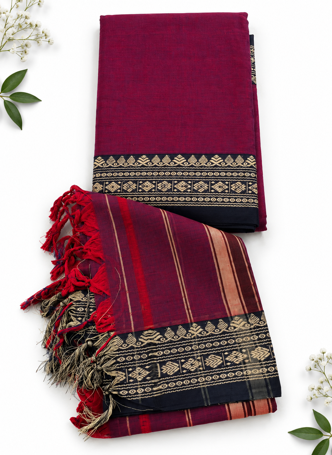 Traditional Narayanpet Mercerised Cotton Dress Material in Wine & Red | Black Woven Border