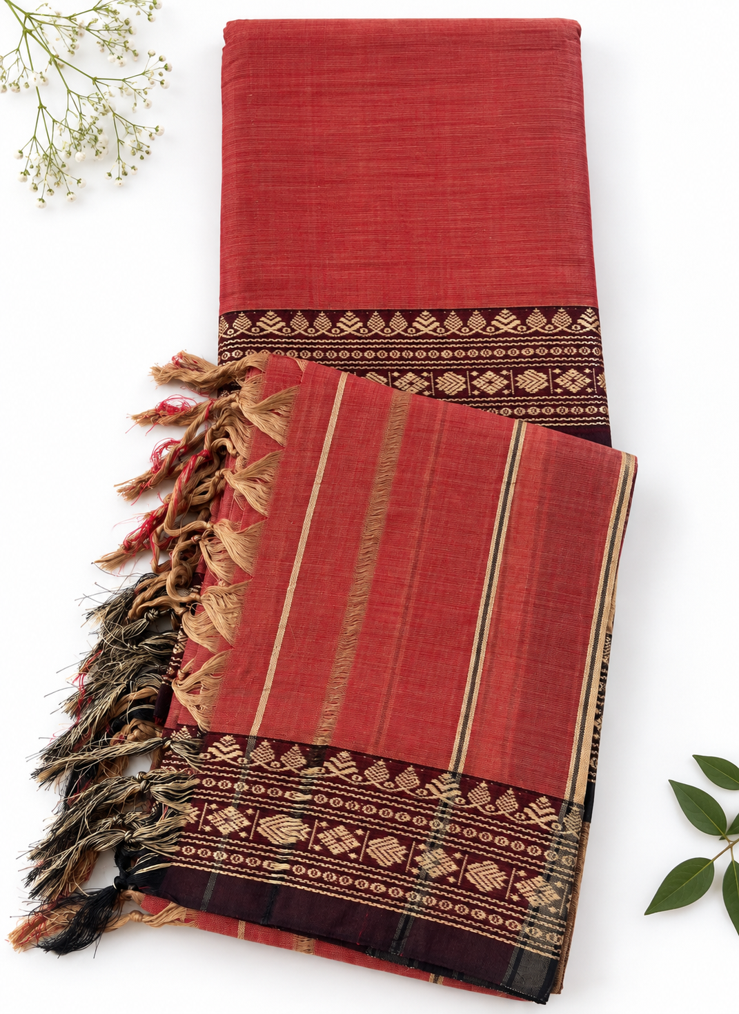Traditional Narayanpet Mercerised Cotton Dress Material in Brick Red | Dark Brown Woven Border