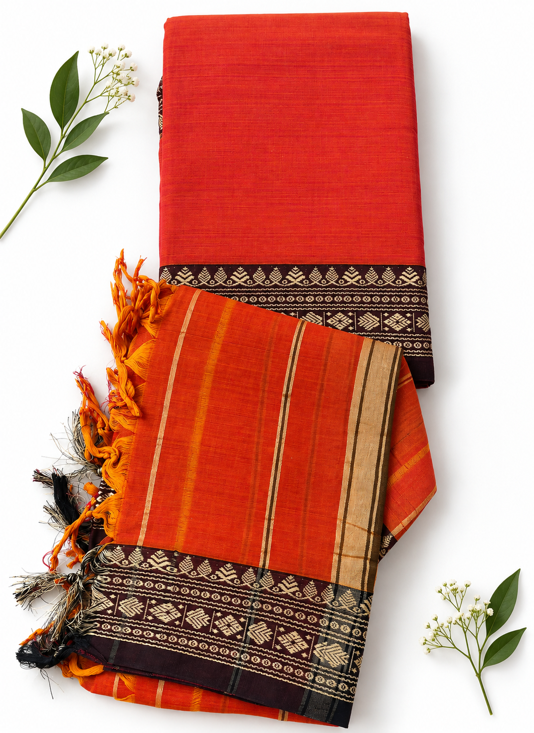 Traditional Narayanpet Mercerised Cotton Dress Material in Burnt Orange | Dark Brown Woven Border