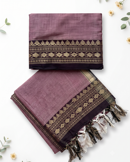 Traditional Wear Narayanpet Mercerised Cotton Dress Material with Dusty Mauve Colour | Dark Brown Woven Border