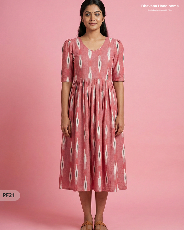 Handcrafted Pochampally Pink Cotton Frock with Knot Detailing – Ethnic Wear for Women