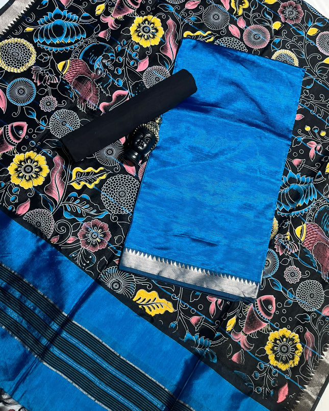 Mangalagiri Semi Pattu Dress Material with Zari Border – Blue Colour