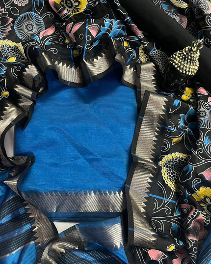Mangalagiri Semi Pattu Dress Material with Zari Border – Blue Colour
