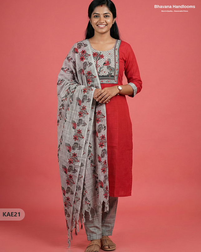 Readymade Cotton Kurti Set in Red with Mirror Finishing Design