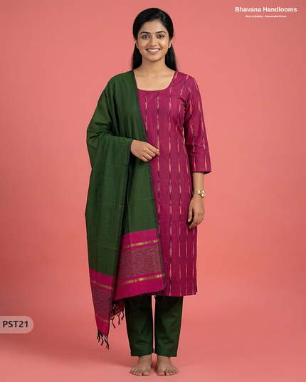 Pochampally Semi Pattu 3PC Kurti Set in Pink Colour | Ready-to-Wear Ethnic Wear