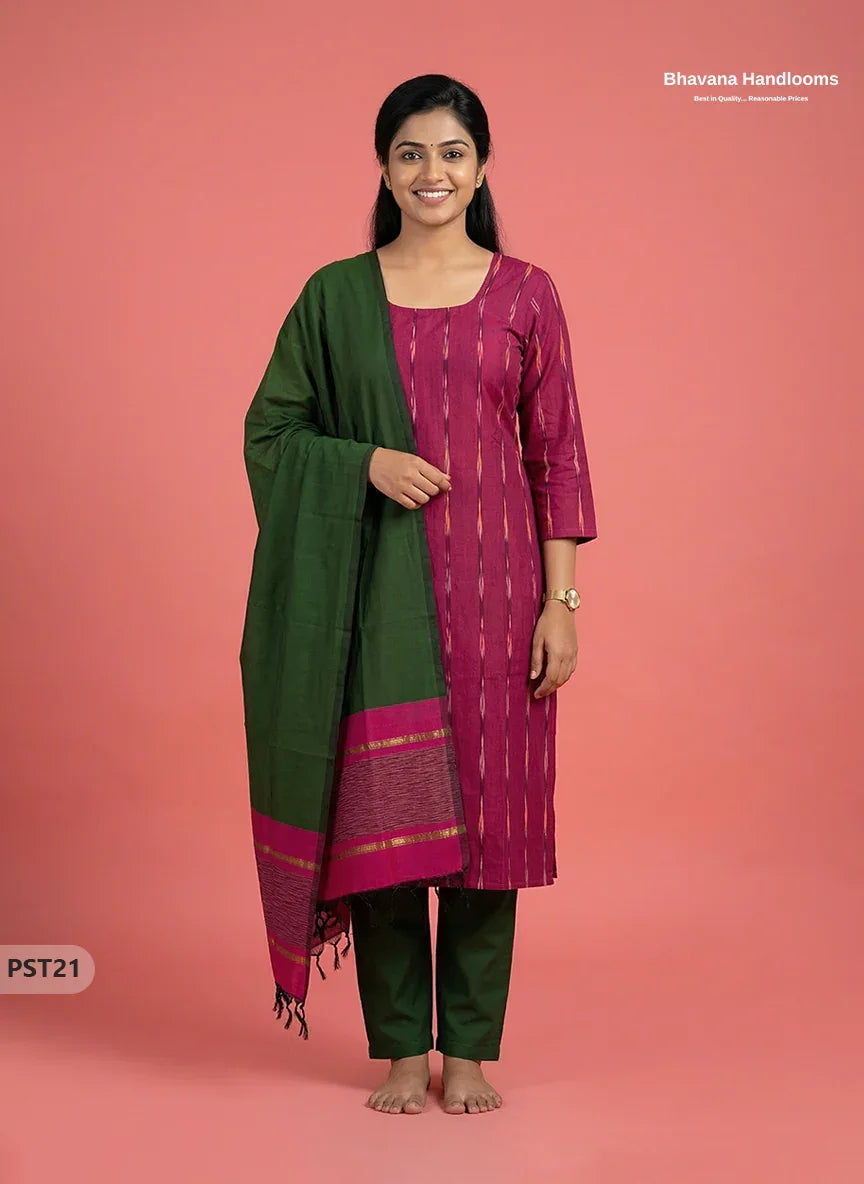 Pochampally Semi Pattu 3PC Kurti Set in Pink Colour | Ready-to-Wear Ethnic Wear