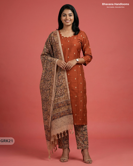 Raw Silk 3PC Kurti Set with Kalamkari Dupatta & Elastic Bottom in Orange Colour | Ethnic Wear