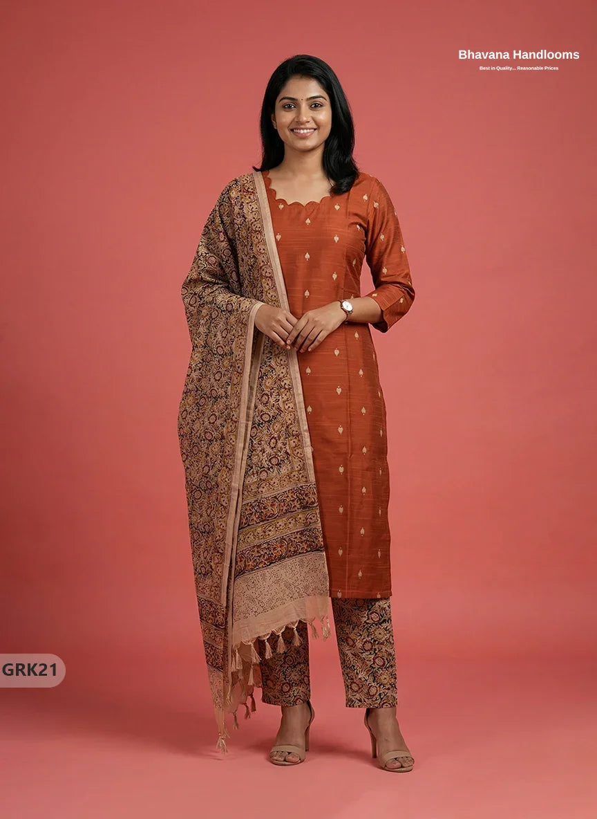 Raw Silk 3PC Kurti Set with Kalamkari Dupatta & Elastic Bottom in Orange Colour | Ethnic Wear
